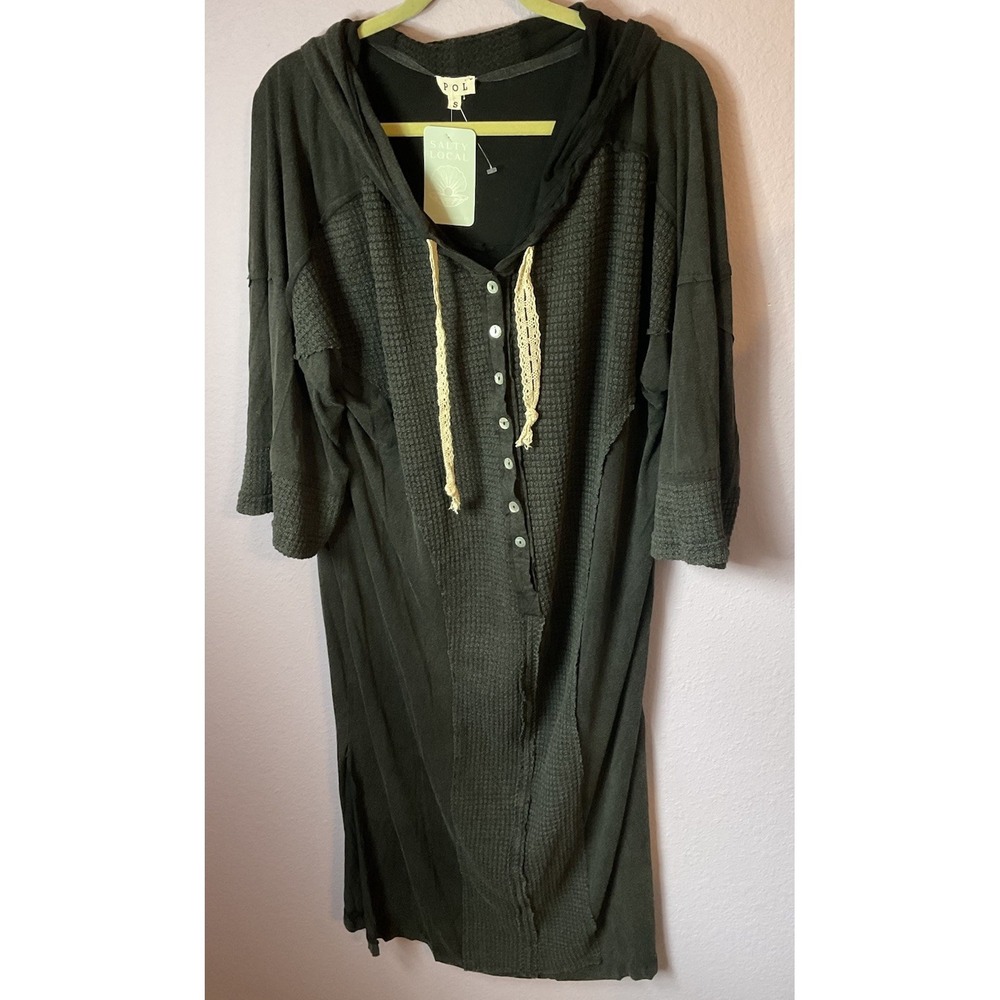 POL Washed Black Waffle Knit Midi Hoodie Long Sleeve‎ Dress Size Small New $98